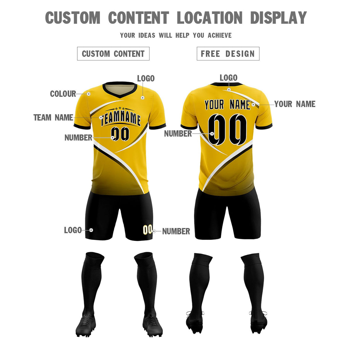 Custom Gold Black Color Block Training Uniform For Men Soccer Sets Jersey