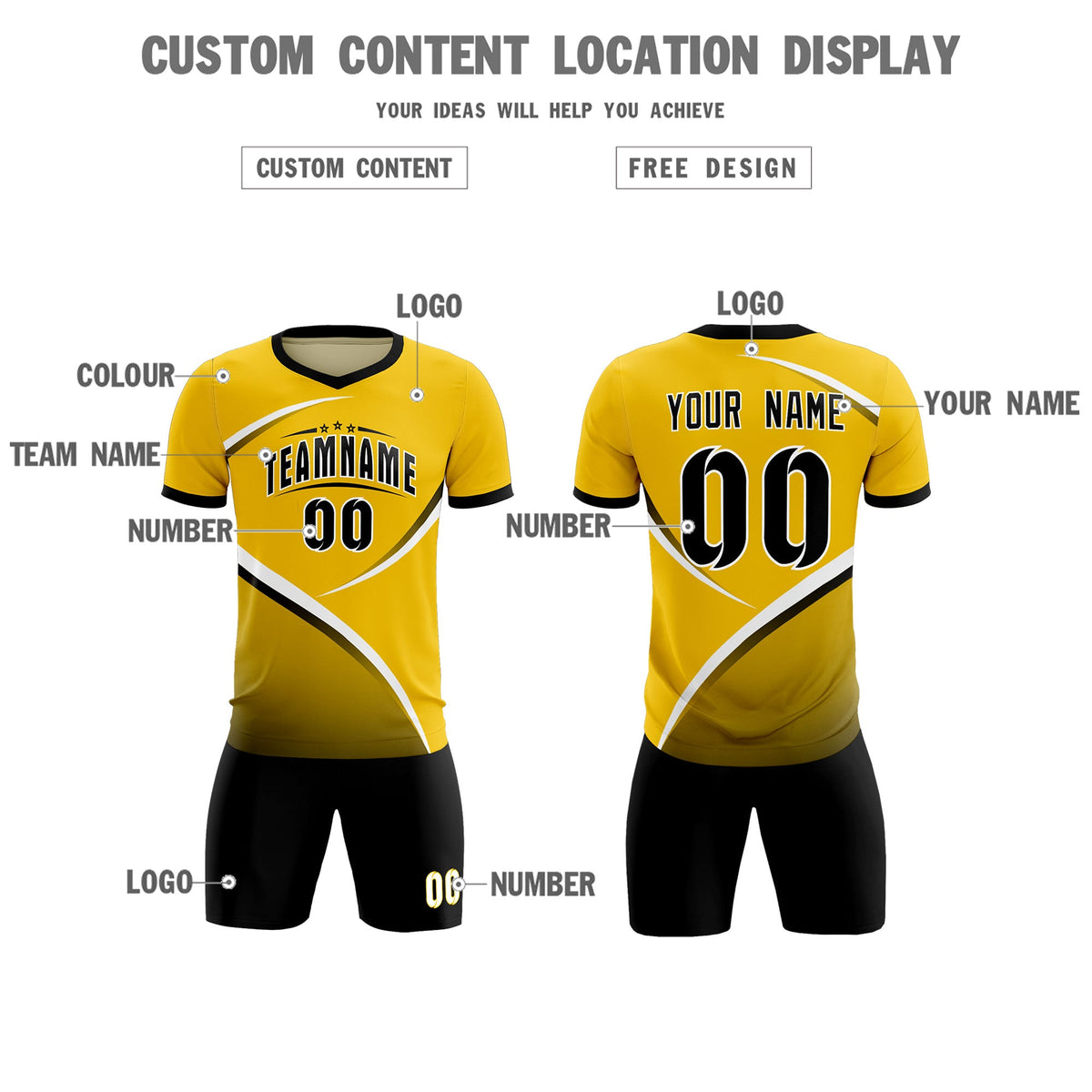 Custom Gold Black Color Block Training Uniform For Men Soccer Sets Jersey