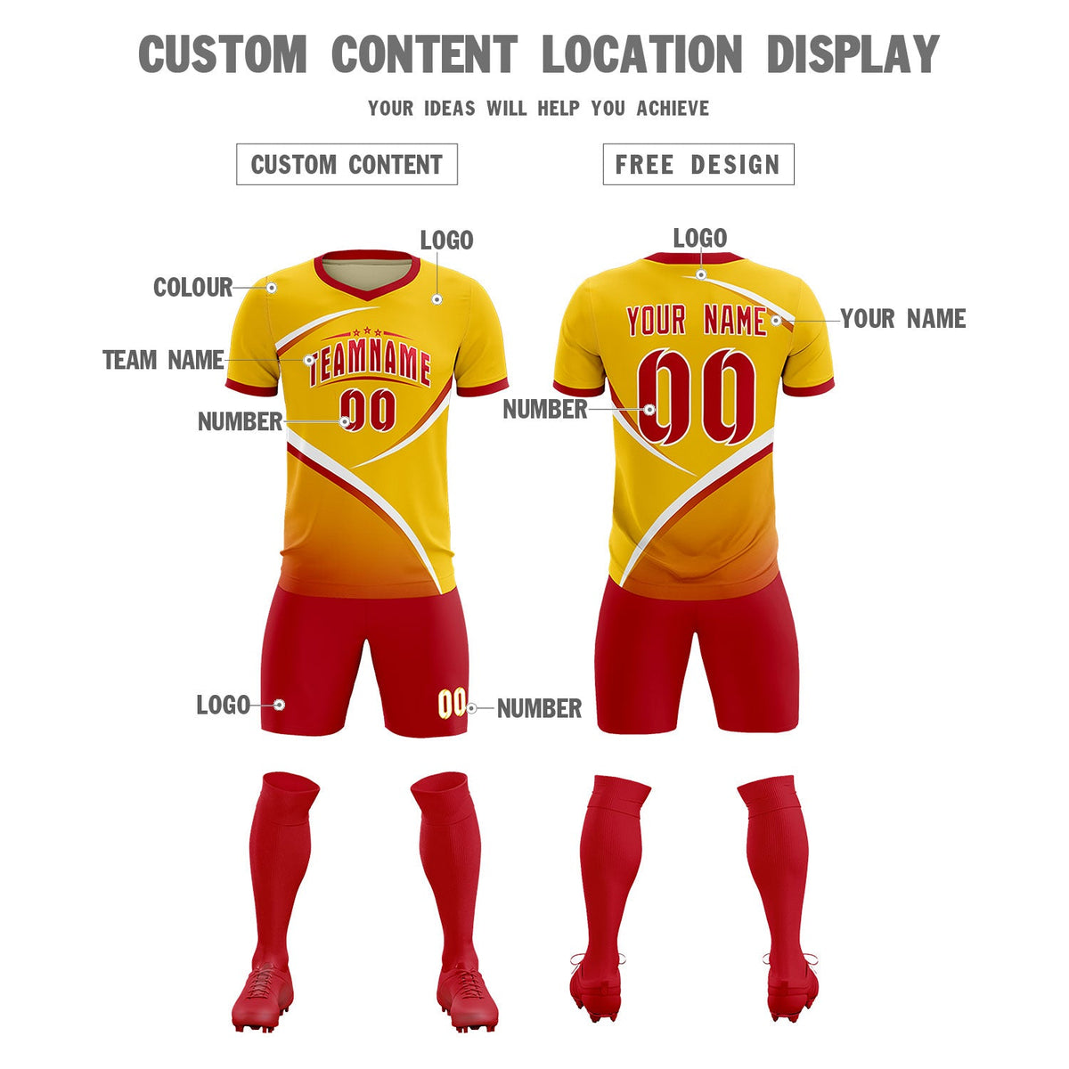 Custom Gold Red Color Block Training Uniform For Men Soccer Sets Jersey
