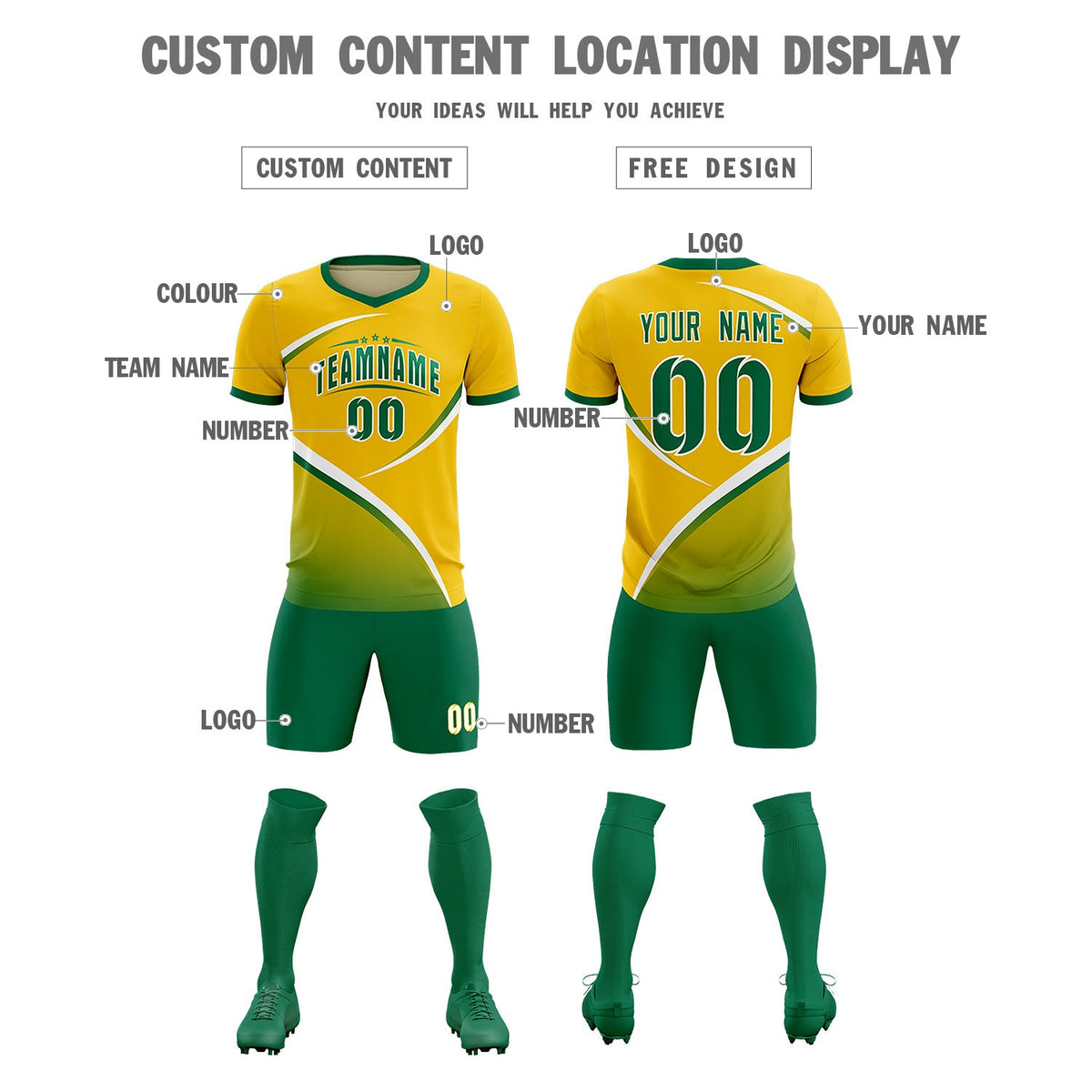 Custom Gold Kelly Green Color Block Training Uniform For Men Soccer Sets Jersey