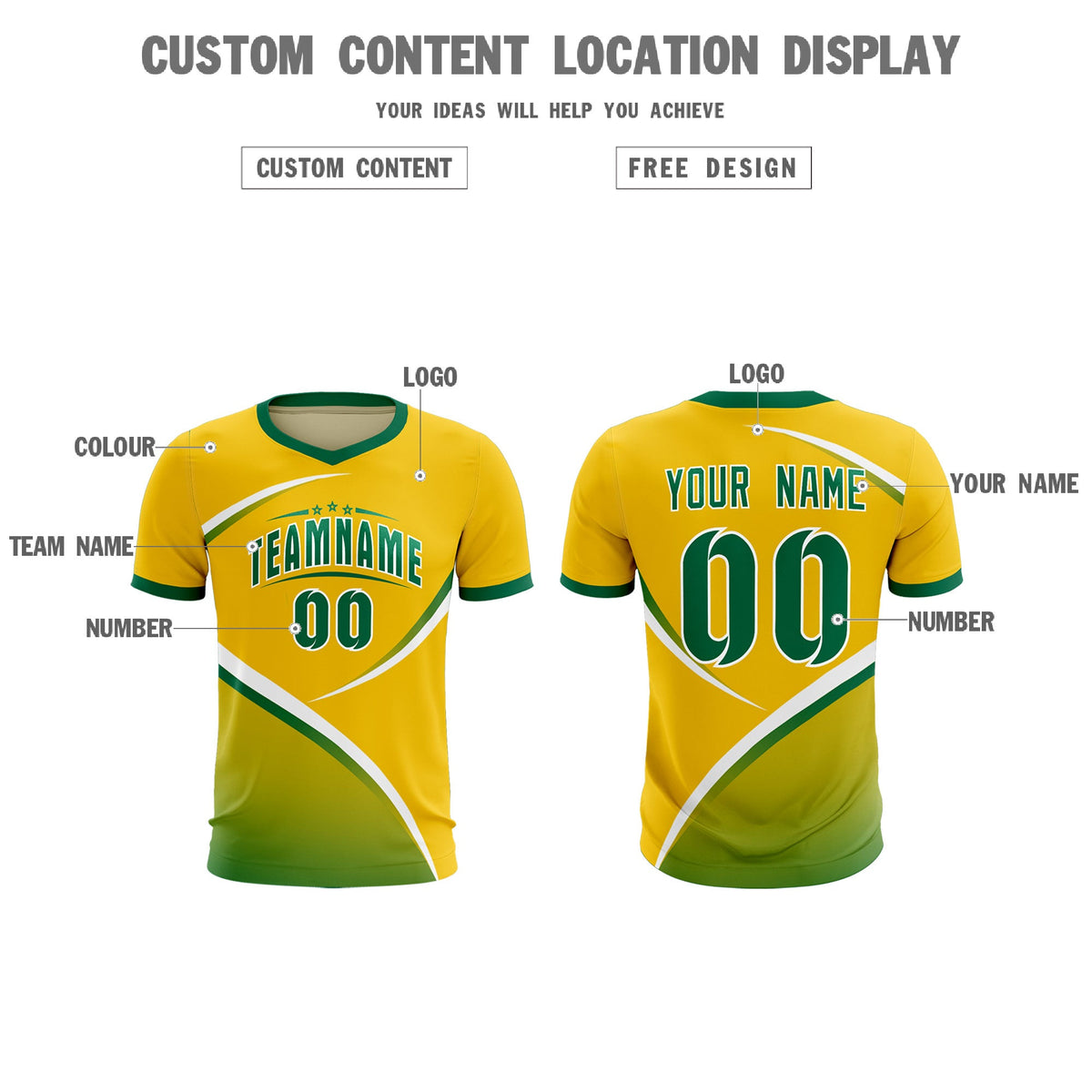 Custom Gold Kelly Green Color Block Training Uniform For Men Soccer Sets Jersey