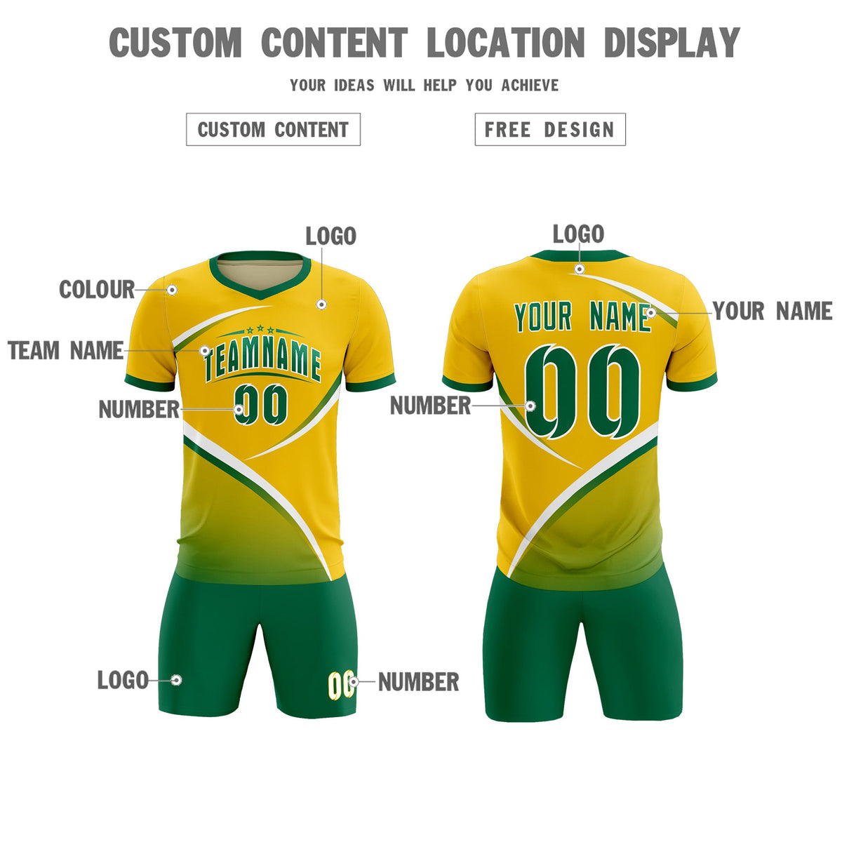 Custom Gold Kelly Green Color Block Training Uniform For Men Soccer Sets Jersey