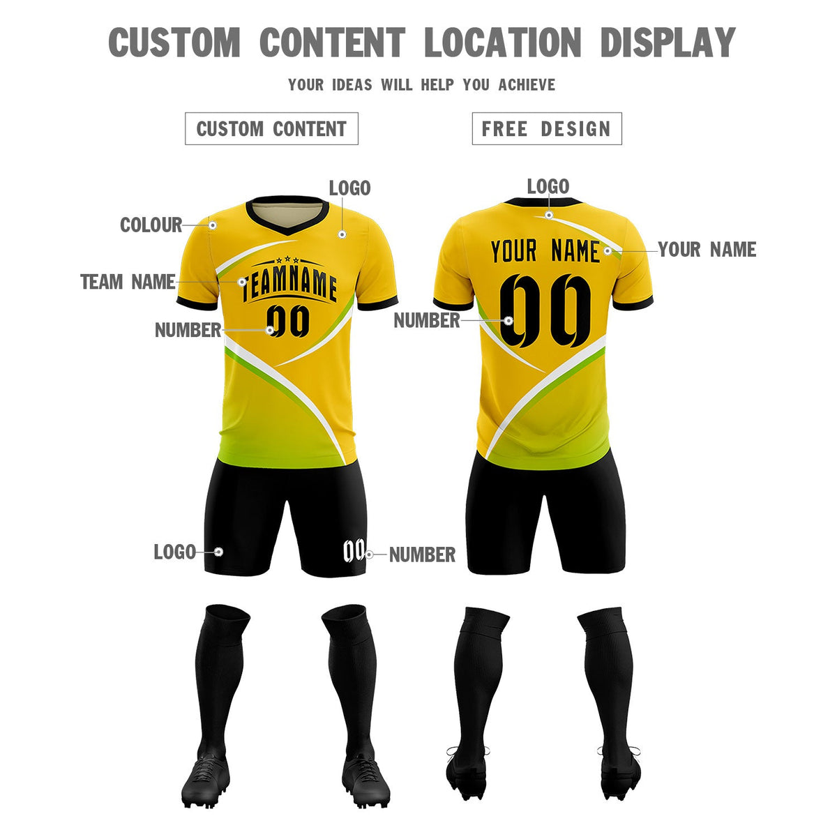 Custom Gold Black Color Block Training Uniform For Men Soccer Sets Jersey