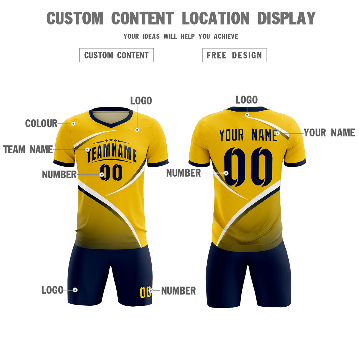 Custom Gold Navy Color Block Training Uniform For Men Soccer Sets Jersey