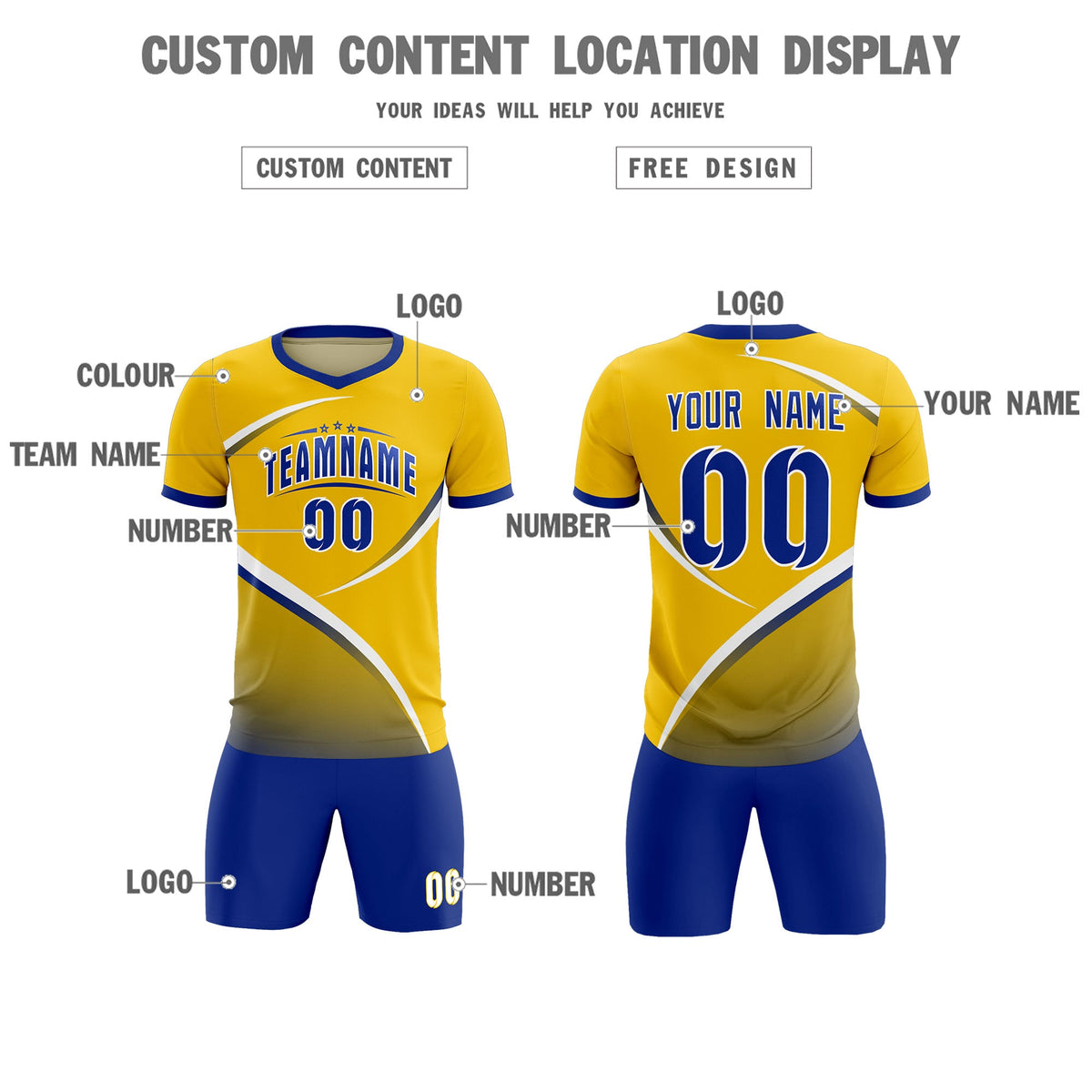Custom Gold Royal Color Block Training Uniform For Men Soccer Sets Jersey