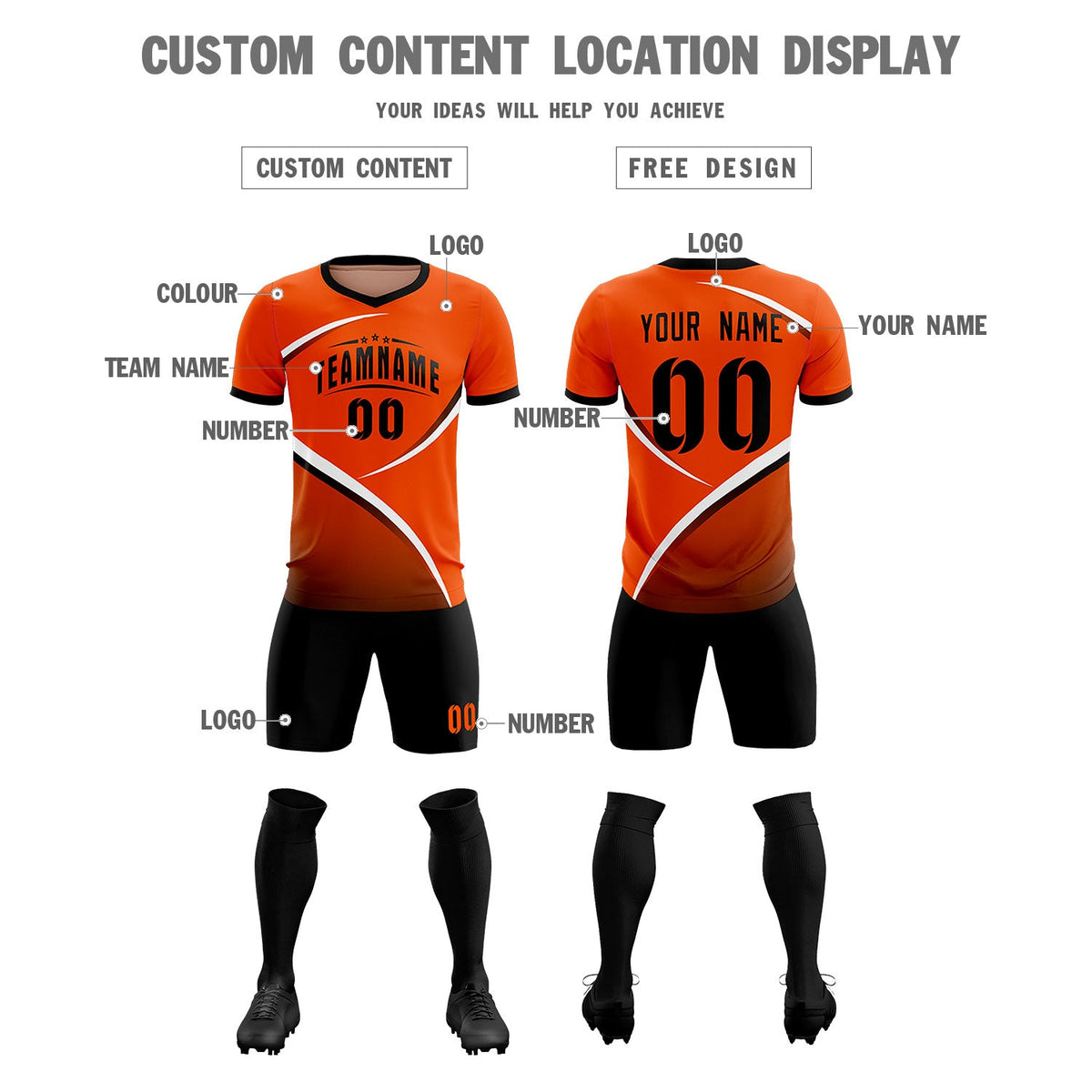 Custom Orange Black Color Block Training Uniform For Men Soccer Sets Jersey