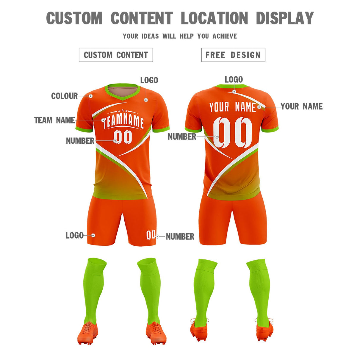 Custom Orange Neon Green Color Block Training Uniform For Men Soccer Sets Jersey
