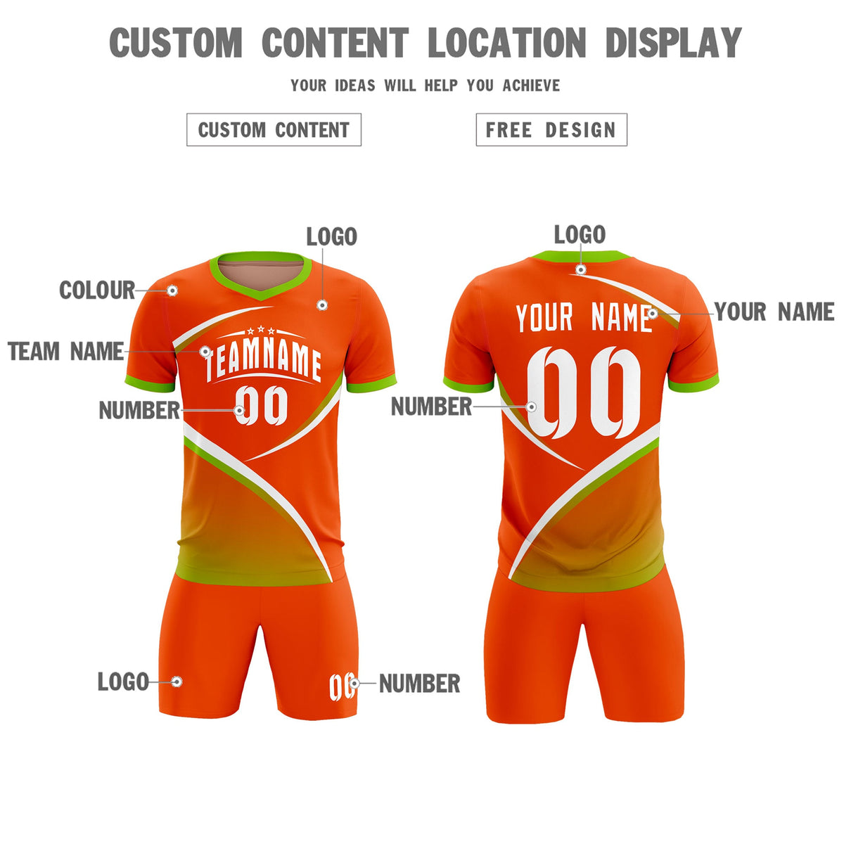 Custom Orange Neon Green Color Block Training Uniform For Men Soccer Sets Jersey