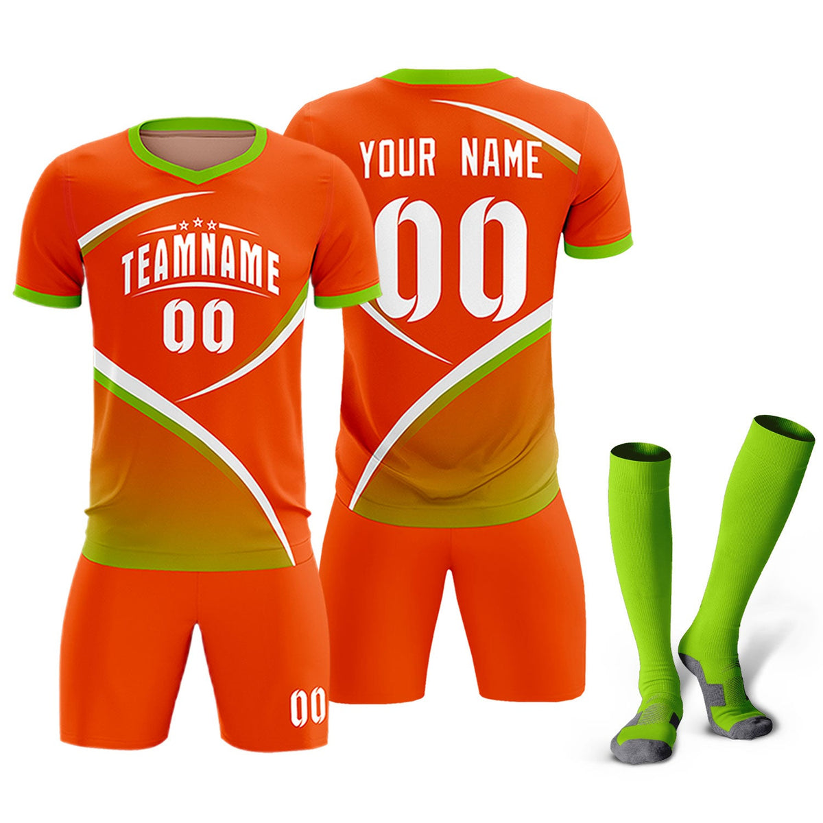 Custom Orange Neon Green Color Block Training Uniform For Men Soccer Sets Jersey