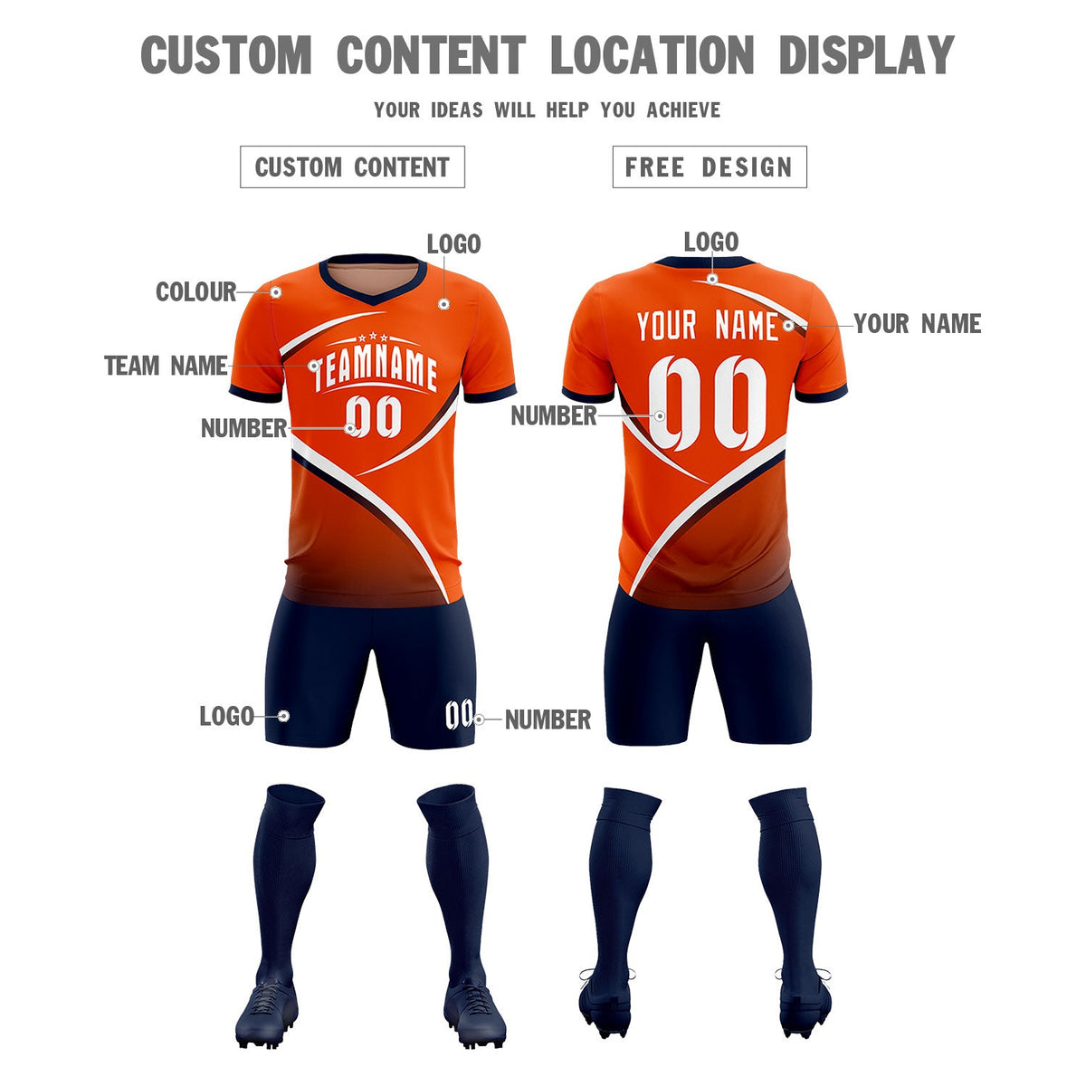 Custom Orange Navy Color Block Training Uniform For Men Soccer Sets Jersey