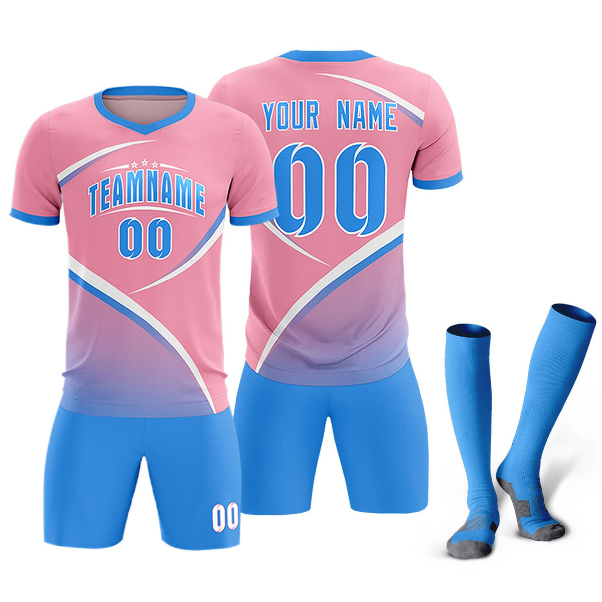 Custom Light Pink Powder Blue Color Block Training Uniform For Men Soccer Sets Jersey