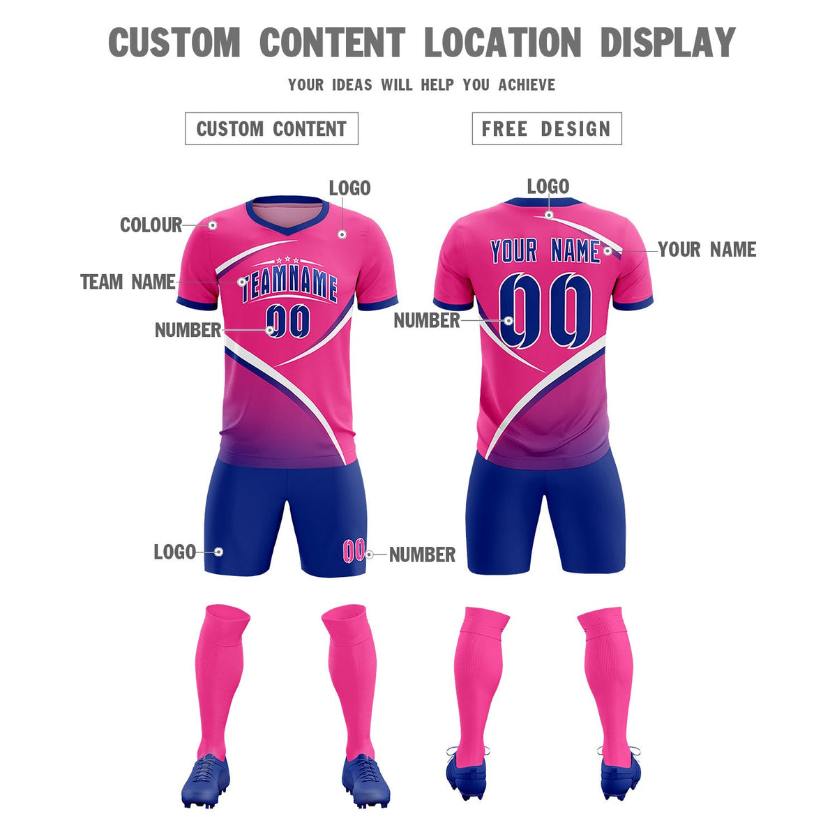 Custom Pink Royal Color Block Training Uniform For Men Soccer Sets Jersey
