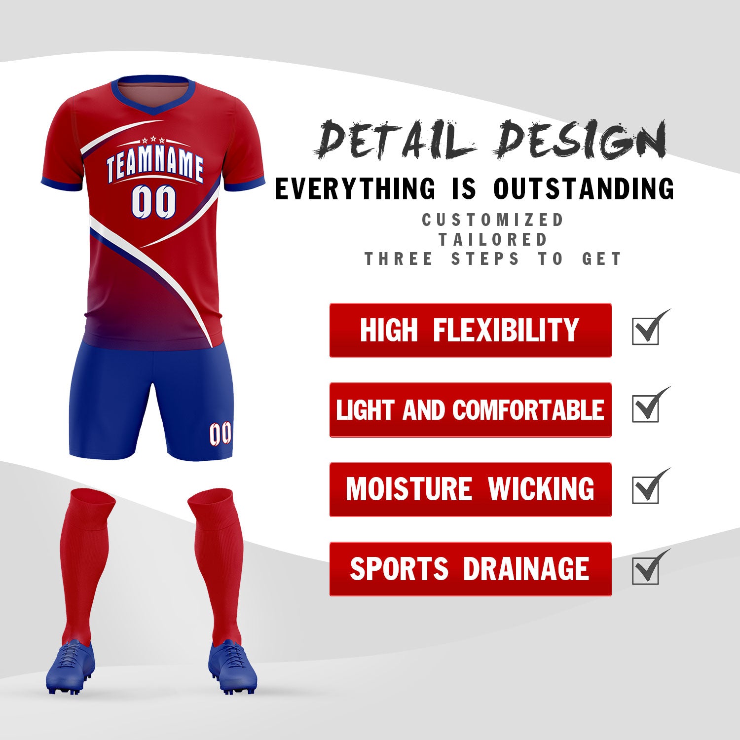 Custom Red Royal Color Block Training Uniform For Men Soccer Sets Jersey