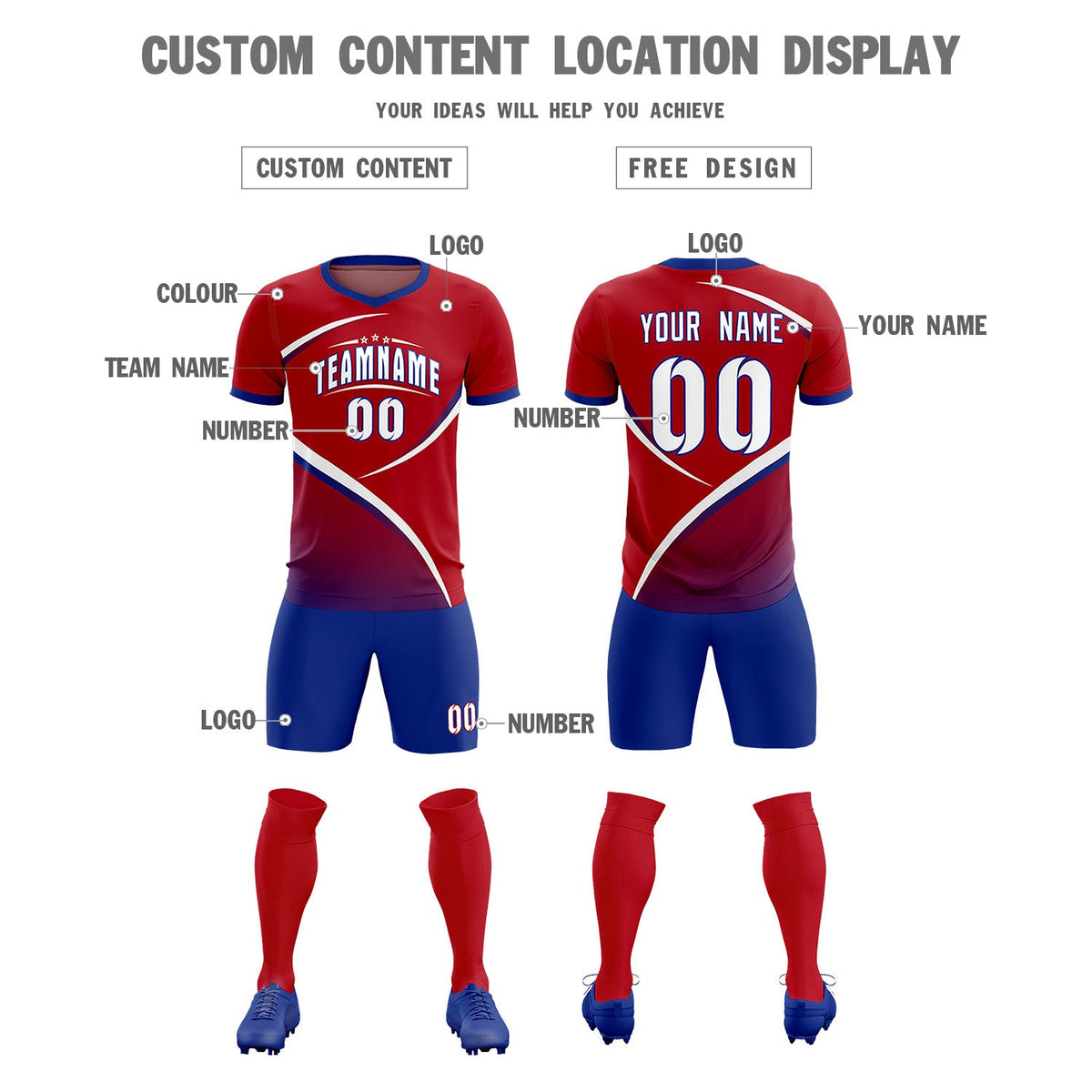 Custom Red Royal Color Block Training Uniform For Men Soccer Sets Jersey
