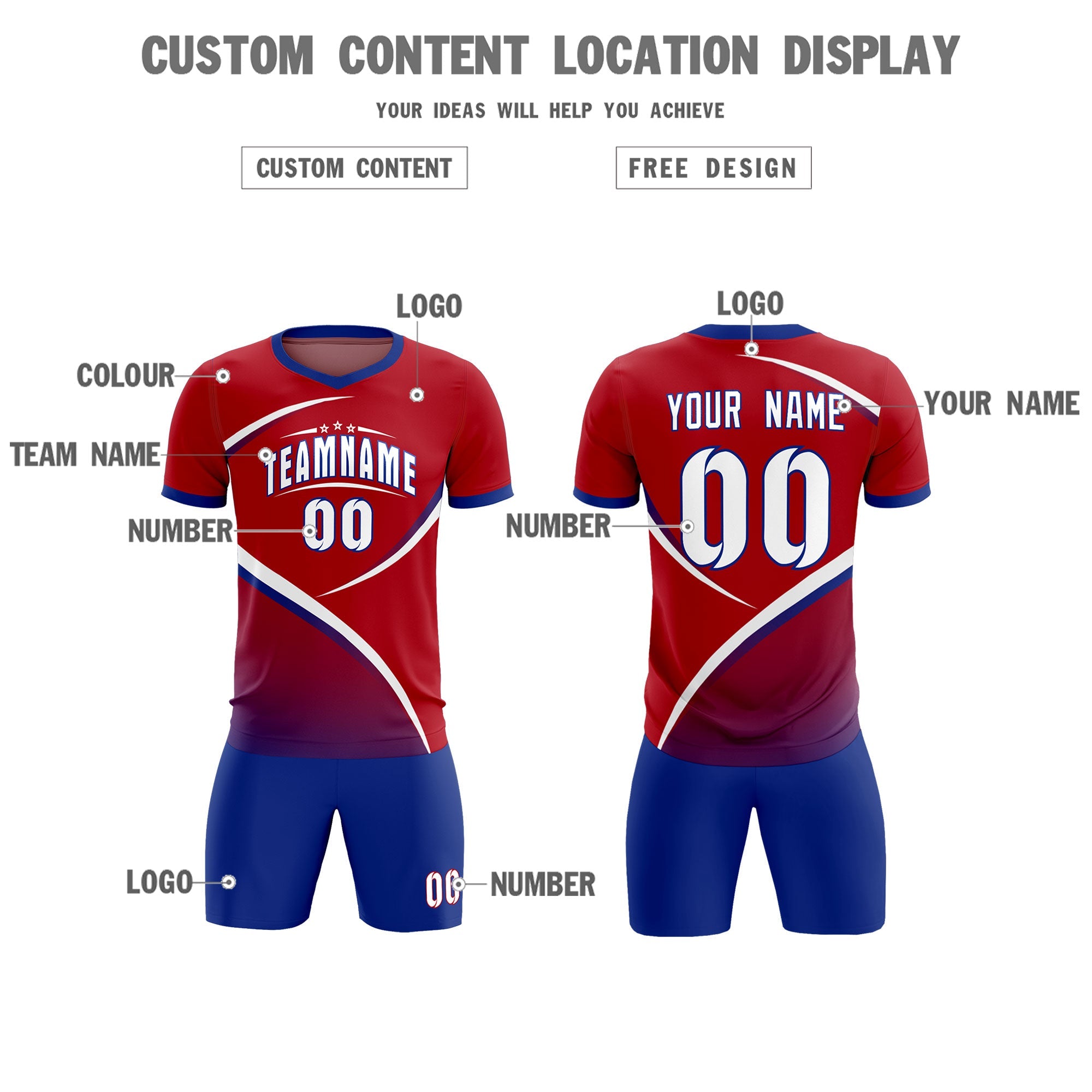 Custom Red Royal Color Block Training Uniform For Men Soccer Sets Jersey
