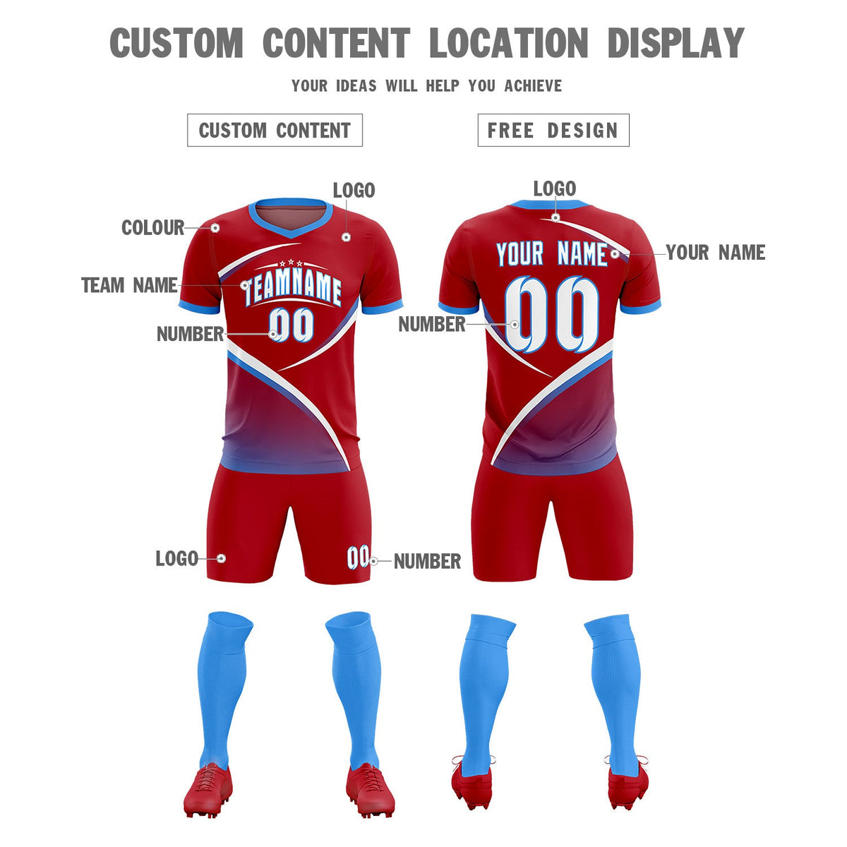 Custom Red Powder Blue Color Block Training Uniform For Men Soccer Sets Jersey