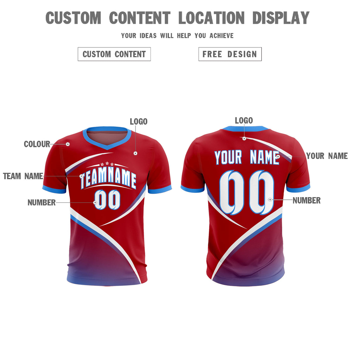 Custom Red Powder Blue Color Block Training Uniform For Men Soccer Sets Jersey