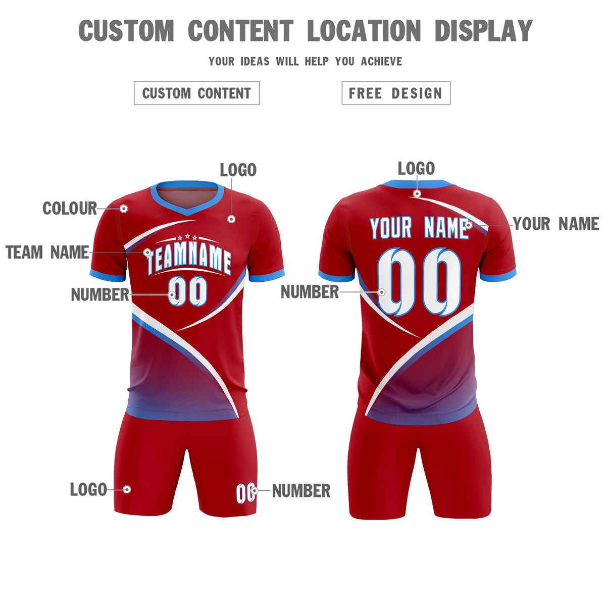 Custom Red Powder Blue Color Block Training Uniform For Men Soccer Sets Jersey