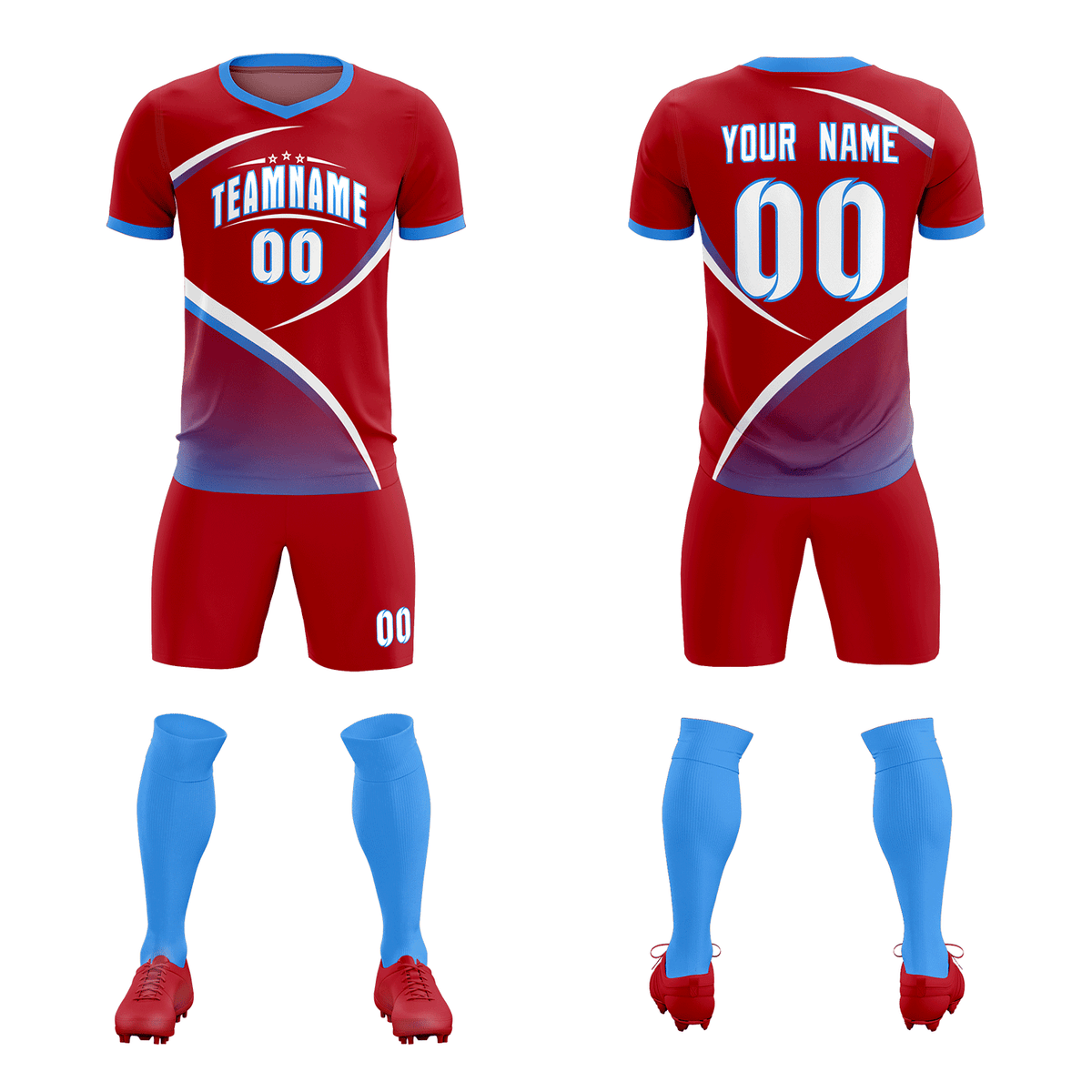 Custom Red Powder Blue Color Block Training Uniform For Men Soccer Sets Jersey