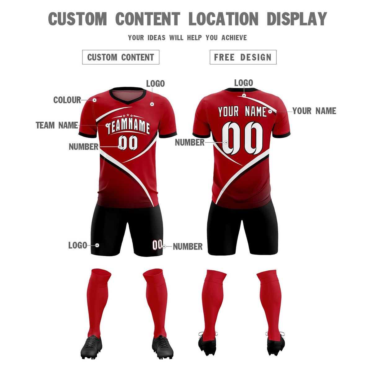 Custom Red Black Color Block Training Uniform For Men Soccer Sets Jersey