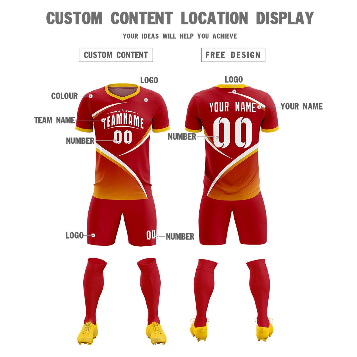 Custom Red Gold Color Block Training Uniform For Men Soccer Sets Jersey