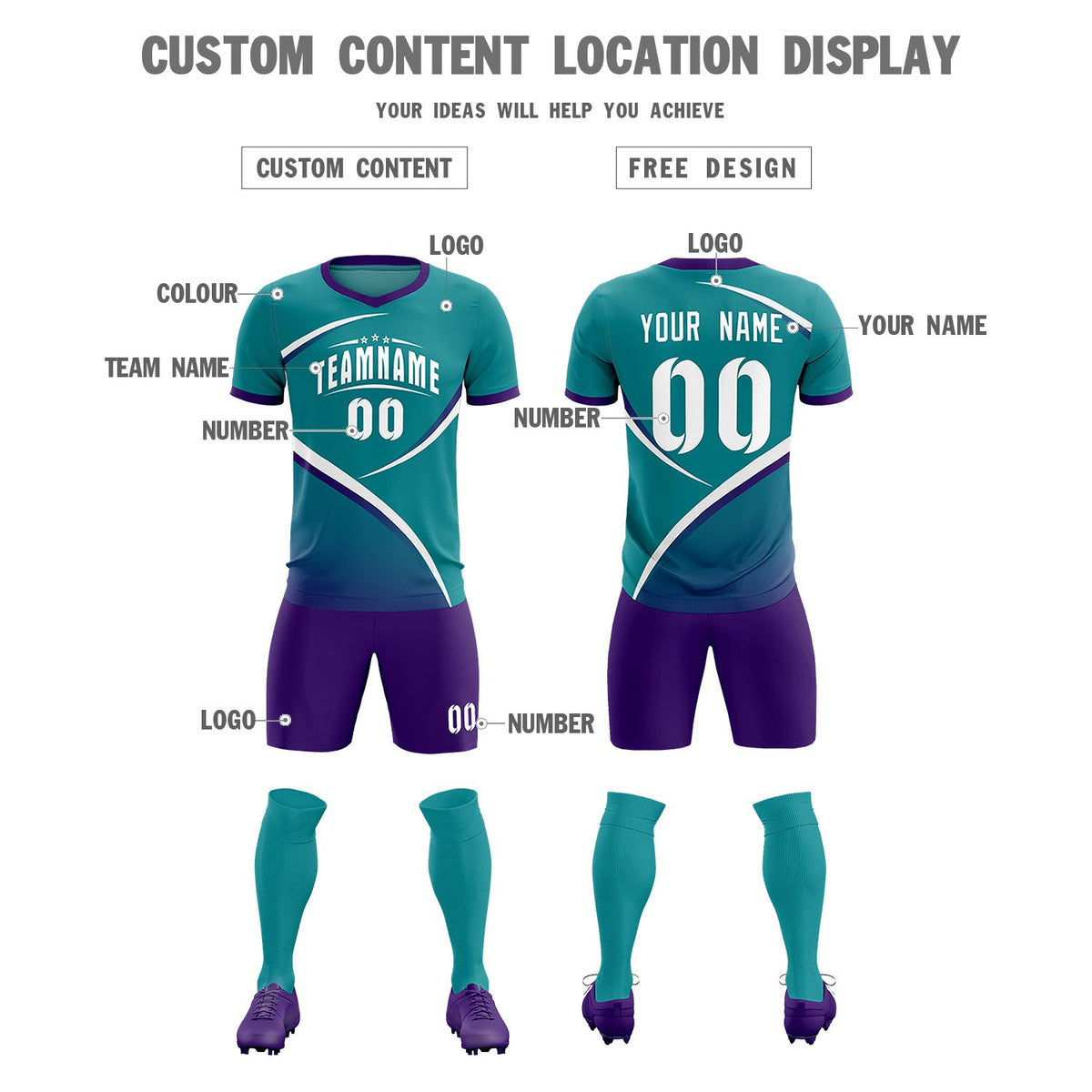Custom Aqua Purple Color Block Training Uniform For Men Soccer Sets Jersey