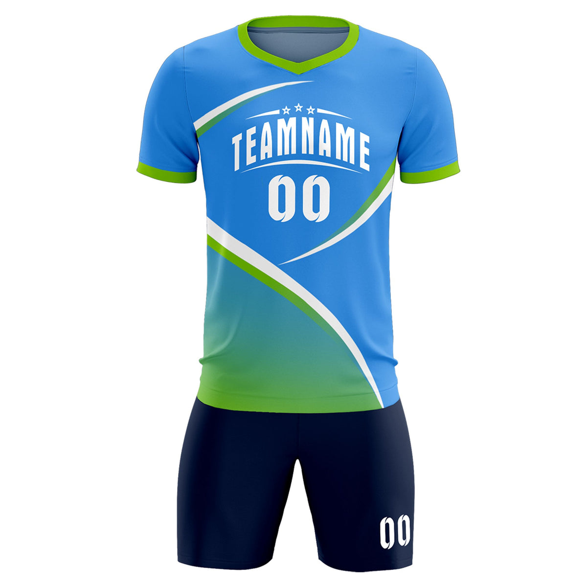 Custom Powder Blue Neon Green Color Block Training Uniform For Men Soccer Sets Jersey