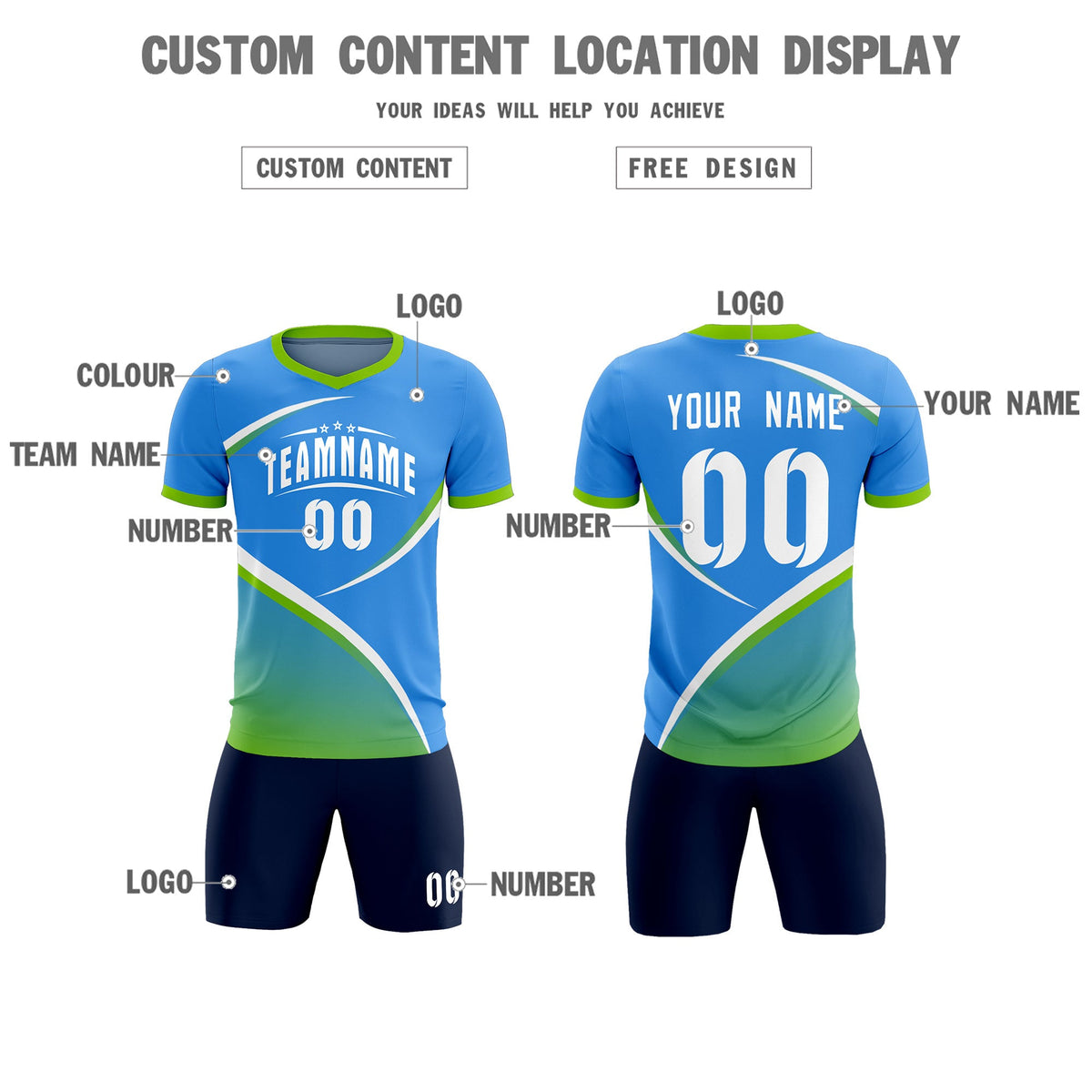 Custom Powder Blue Neon Green Color Block Training Uniform For Men Soccer Sets Jersey