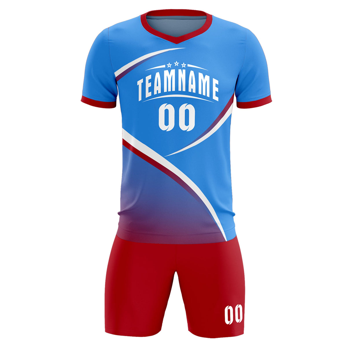 Custom Powder Blue Red Color Block Training Uniform For Men Soccer Sets Jersey