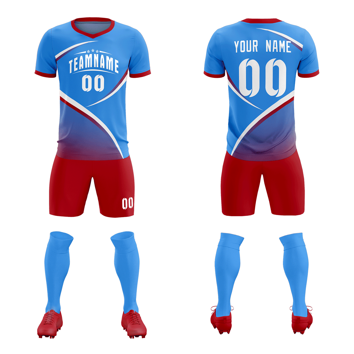 Custom Powder Blue Red Color Block Training Uniform For Men Soccer Sets Jersey