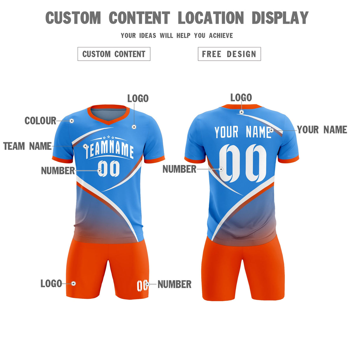 Custom Powder Blue Orange Color Block Training Uniform For Men Soccer Sets Jersey