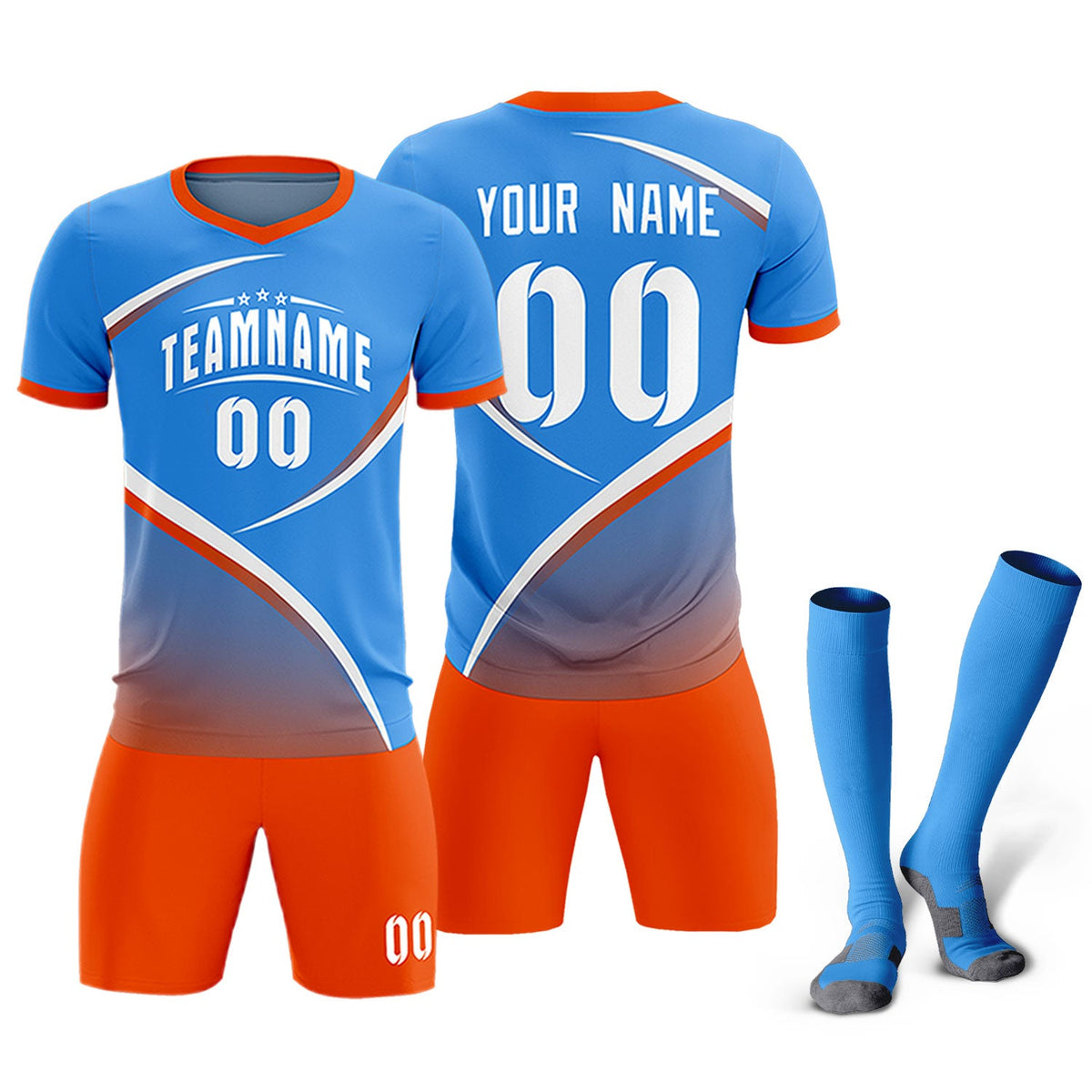 Custom Powder Blue Orange Color Block Training Uniform For Men Soccer Sets Jersey