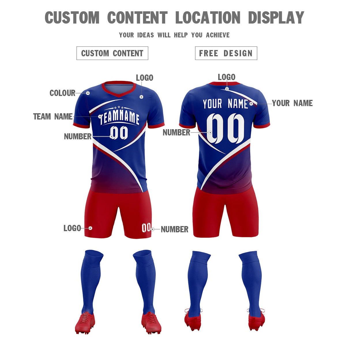 Custom Royal Red Color Block Training Uniform For Men Soccer Sets Jersey