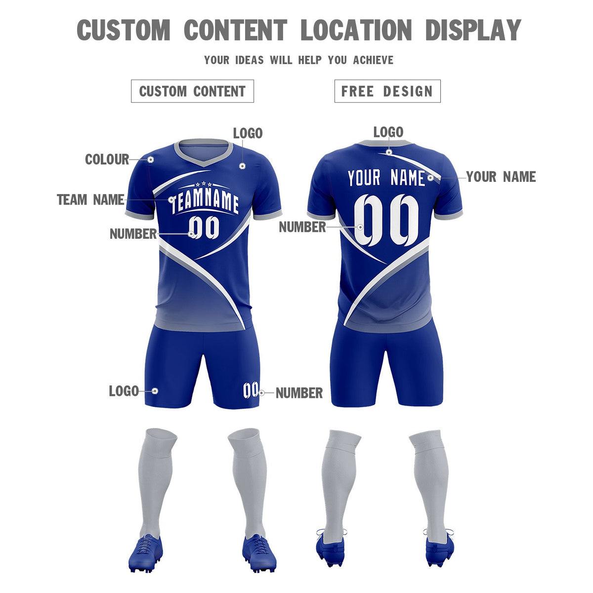Custom Royal Gray Color Block Training Uniform For Men Soccer Sets Jersey