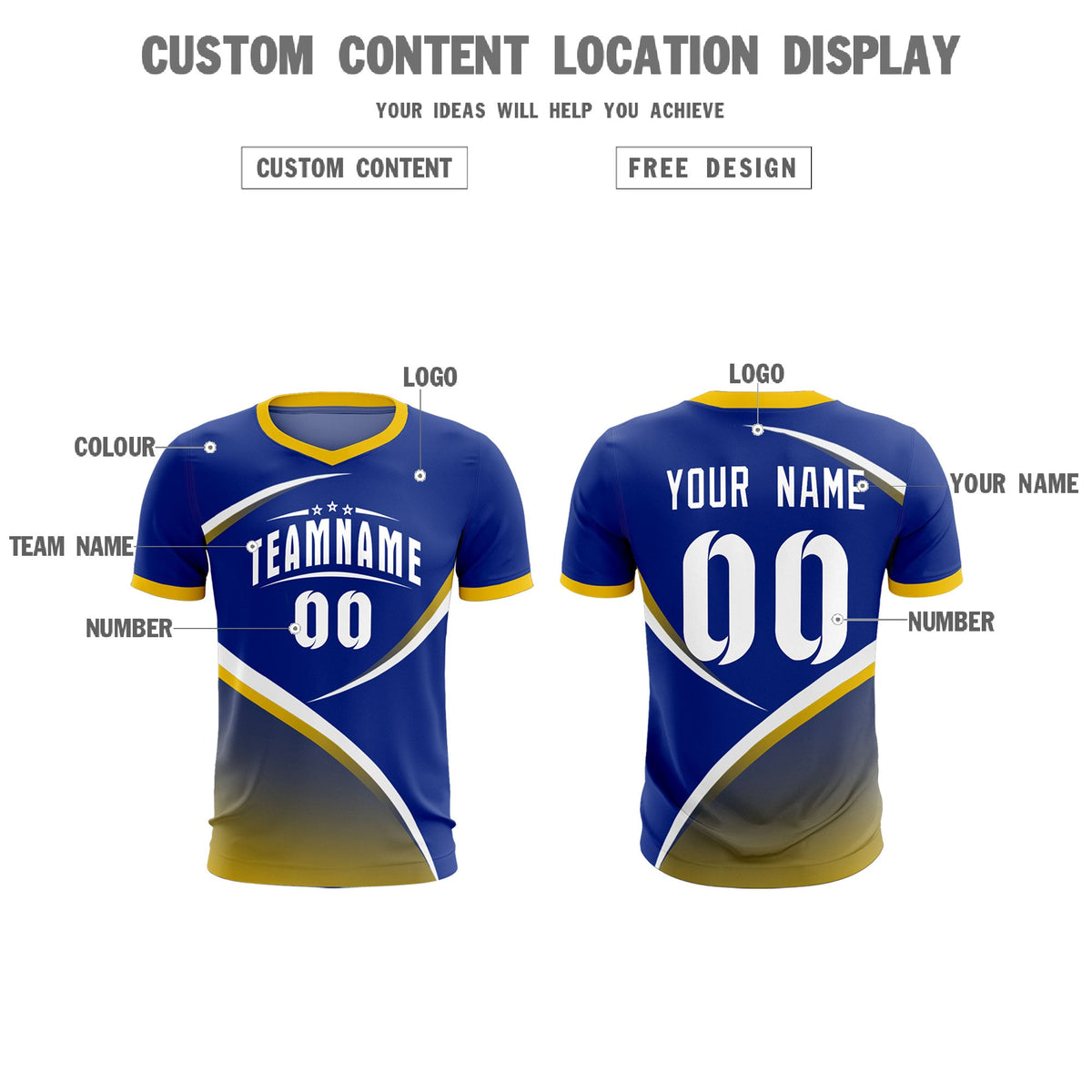 Custom Royal Gold Color Block Training Uniform For Men Soccer Sets Jersey
