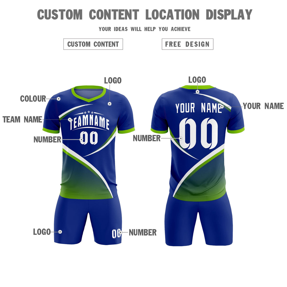 Custom Royal Neon Green Color Block Training Uniform For Men Soccer Sets Jersey