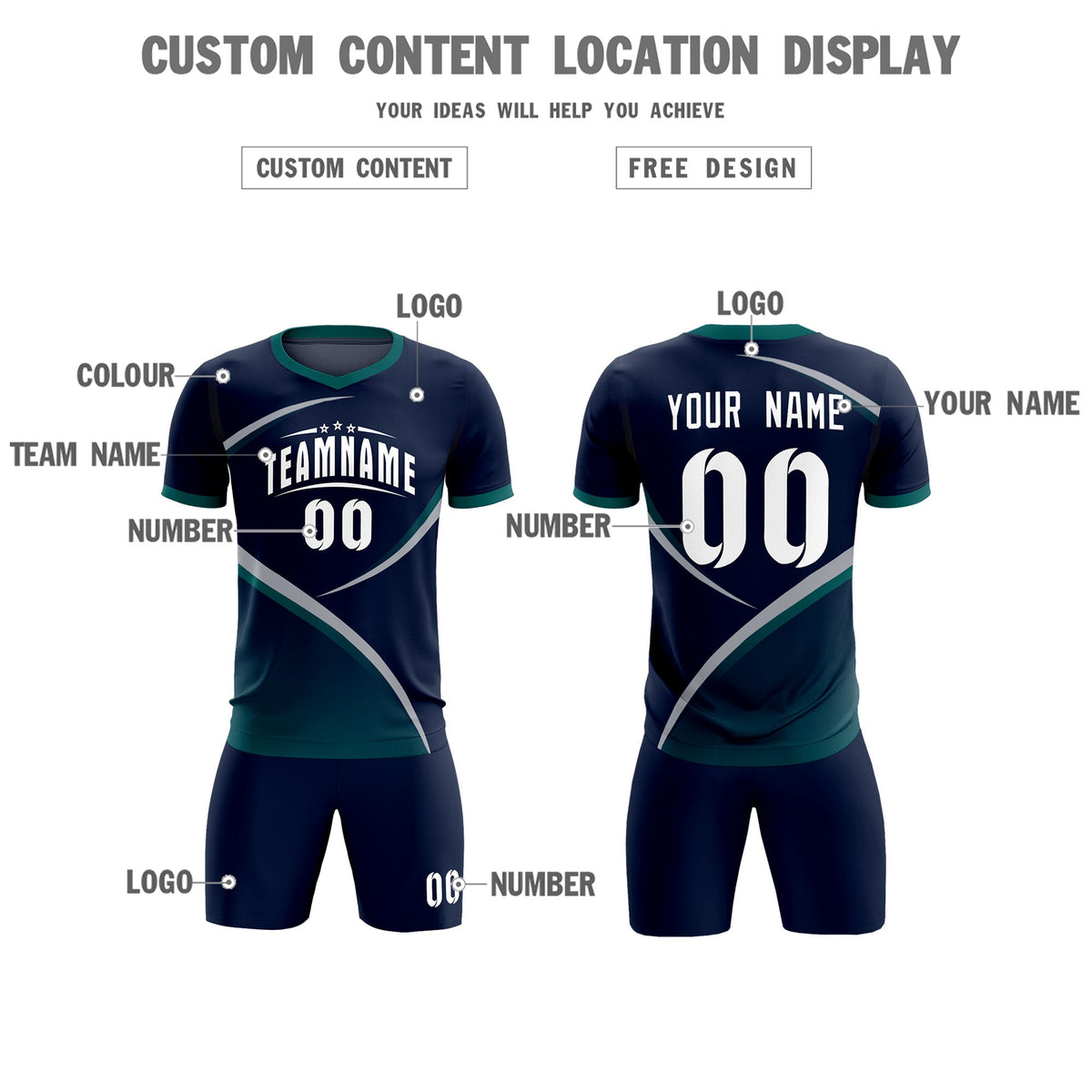 Custom Navy Aqua Color Block Training Uniform For Men Soccer Sets Jersey