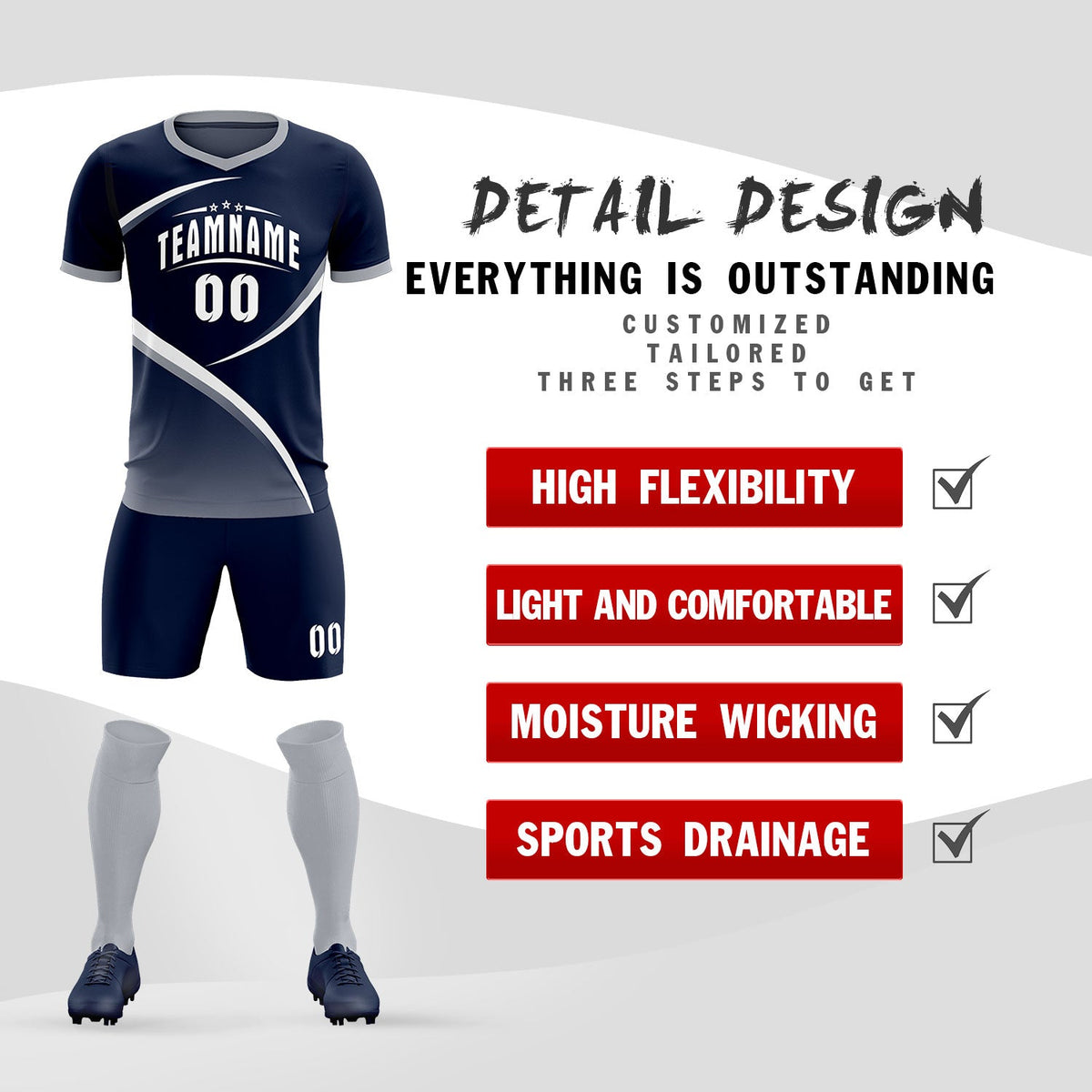 Custom Navy Gray Color Block Training Uniform For Men Soccer Sets Jersey