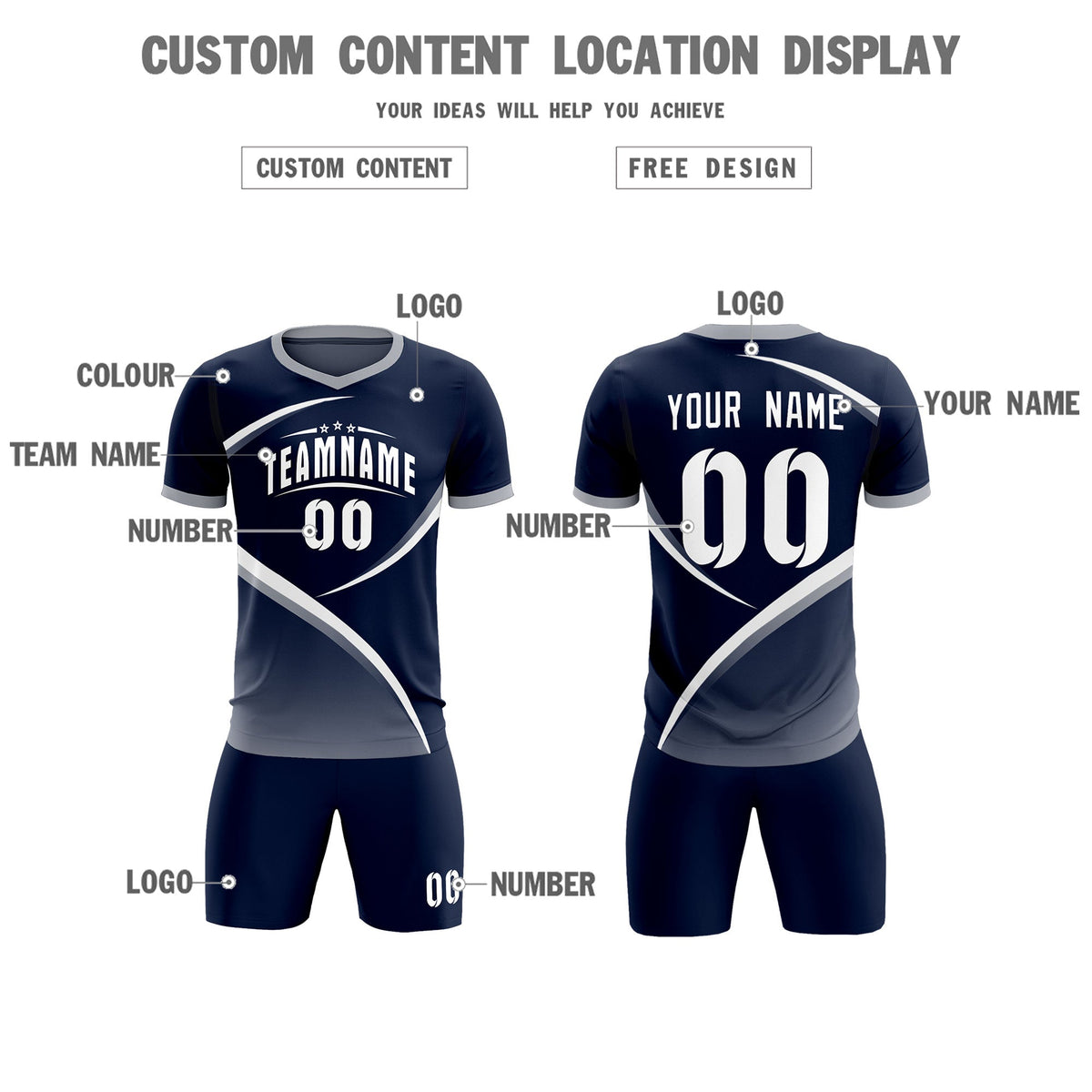 Custom Navy Gray Color Block Training Uniform For Men Soccer Sets Jersey