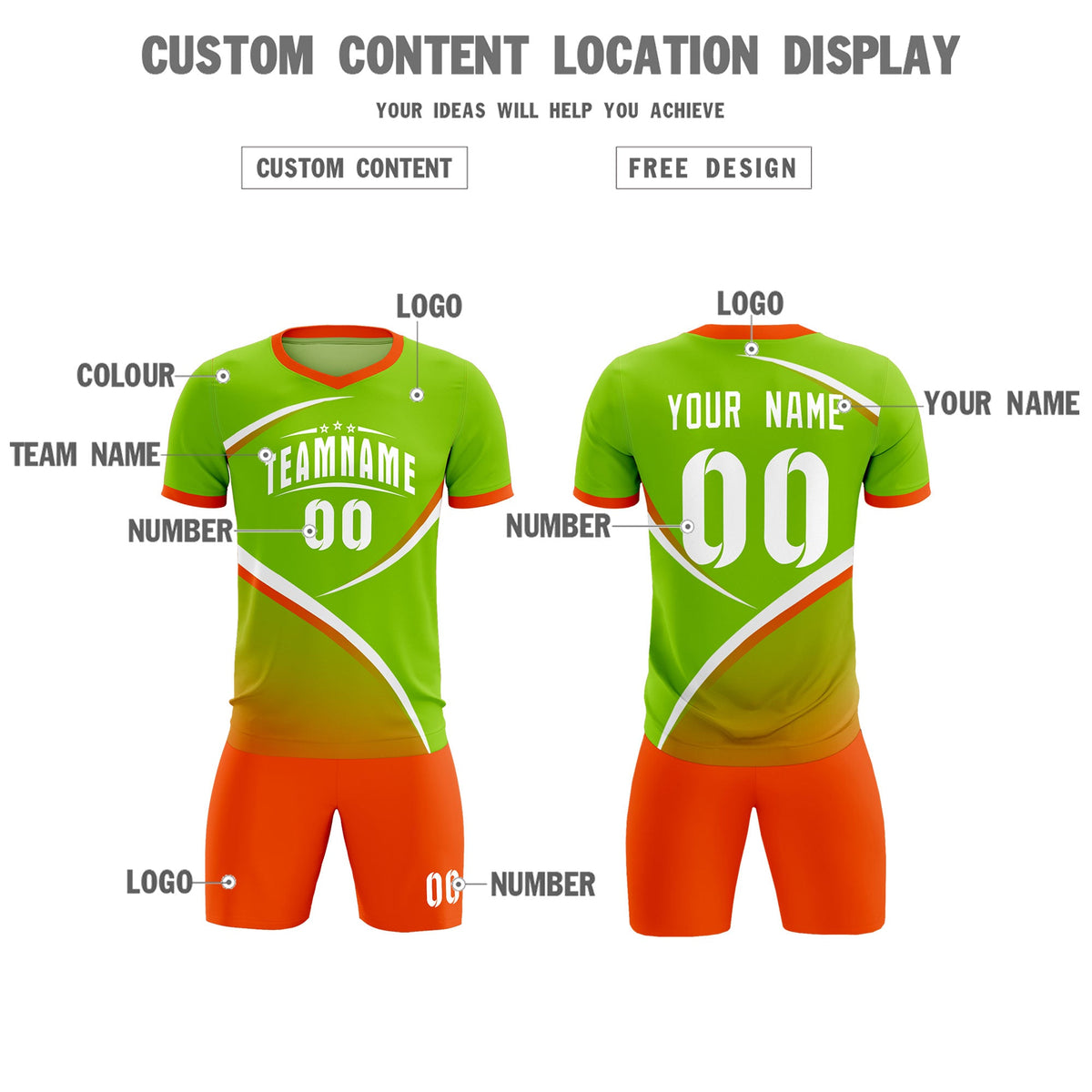 Custom Neon Green Orange Color Block Training Uniform For Men Soccer Sets Jersey