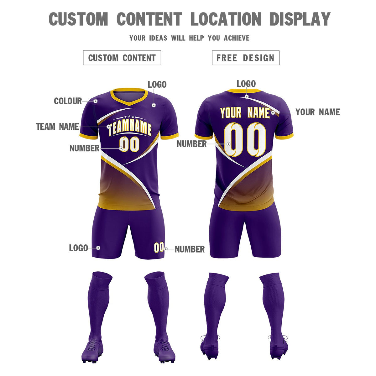 Custom Purple Gold Color Block Training Uniform For Men Soccer Sets Jersey