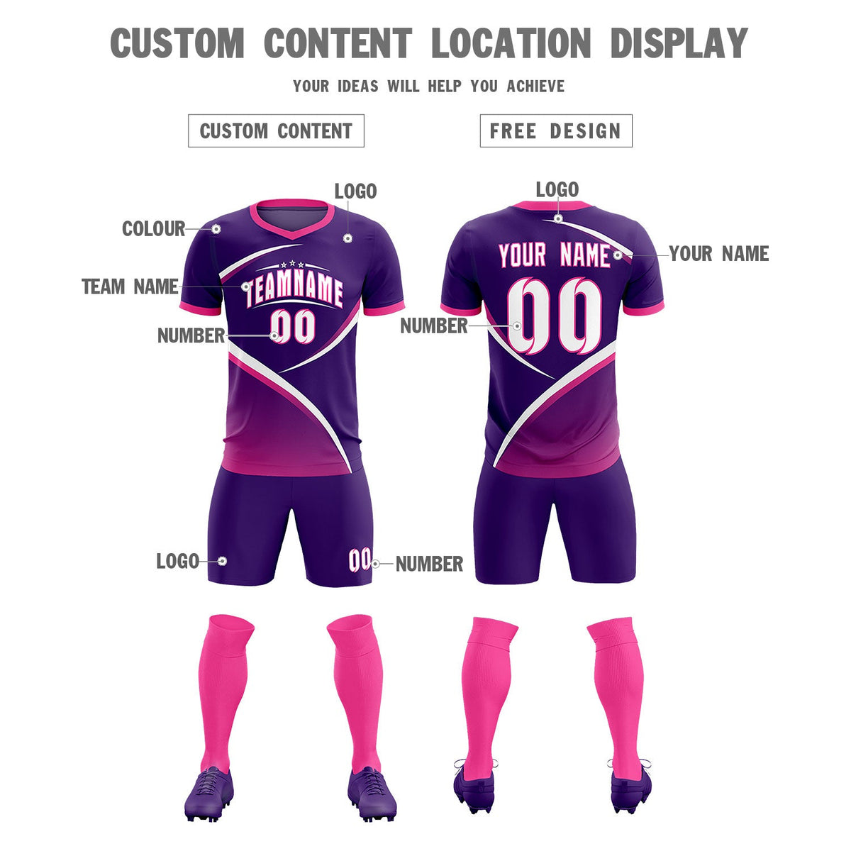 Custom Purple Pink Color Block Training Uniform For Men Soccer Sets Jersey