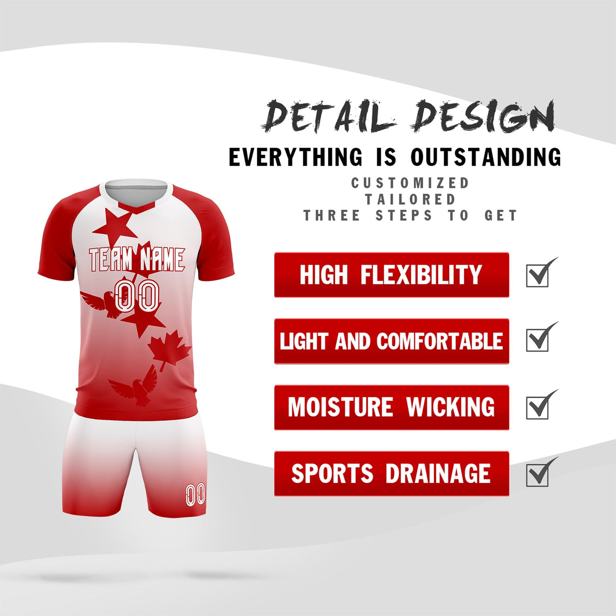 Custom Red White World Cup Inspired Wrinkle-Resistant Training Uniform Gradient Fashion Soccer Sets Jersey