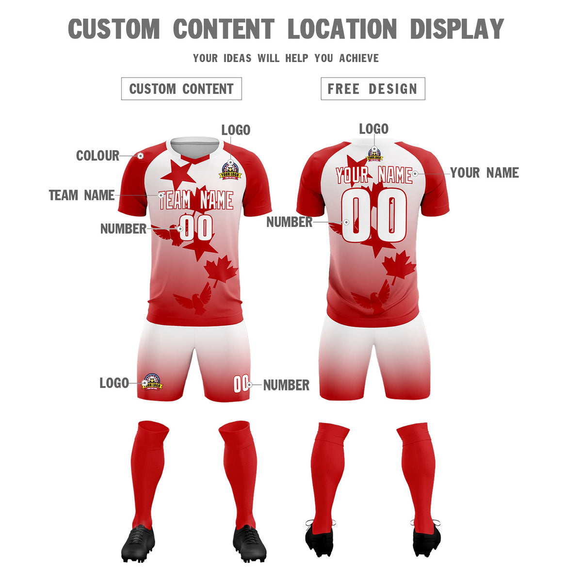 Custom Red White World Cup Inspired Wrinkle-Resistant Training Uniform Gradient Fashion Soccer Sets Jersey