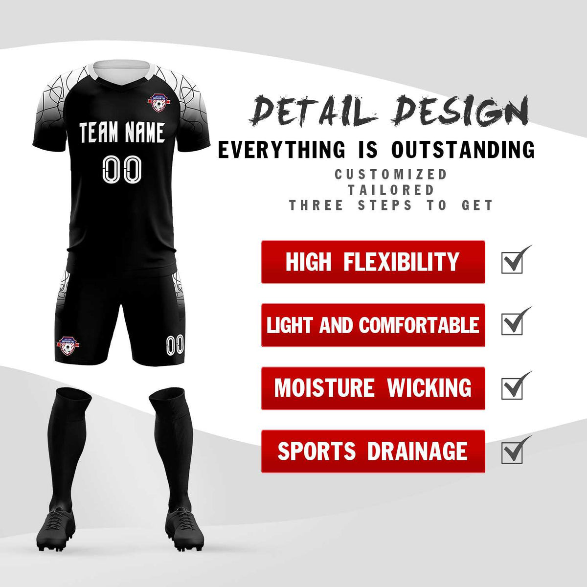 Custom Black Classic Soccer Training Kit Jersey For Adults/Kids