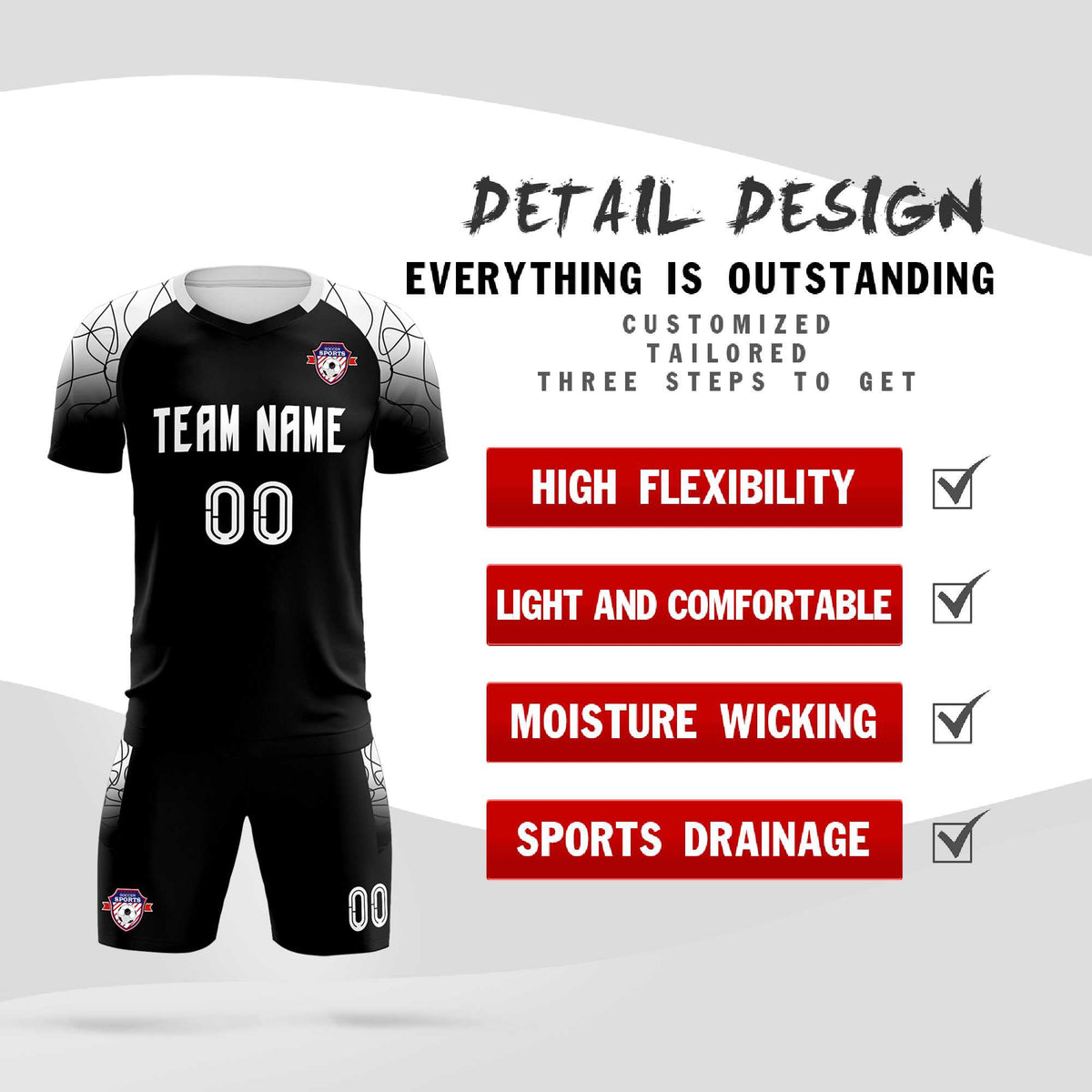 Custom Black Classic Soccer Training Kit Jersey For Adults/Kids