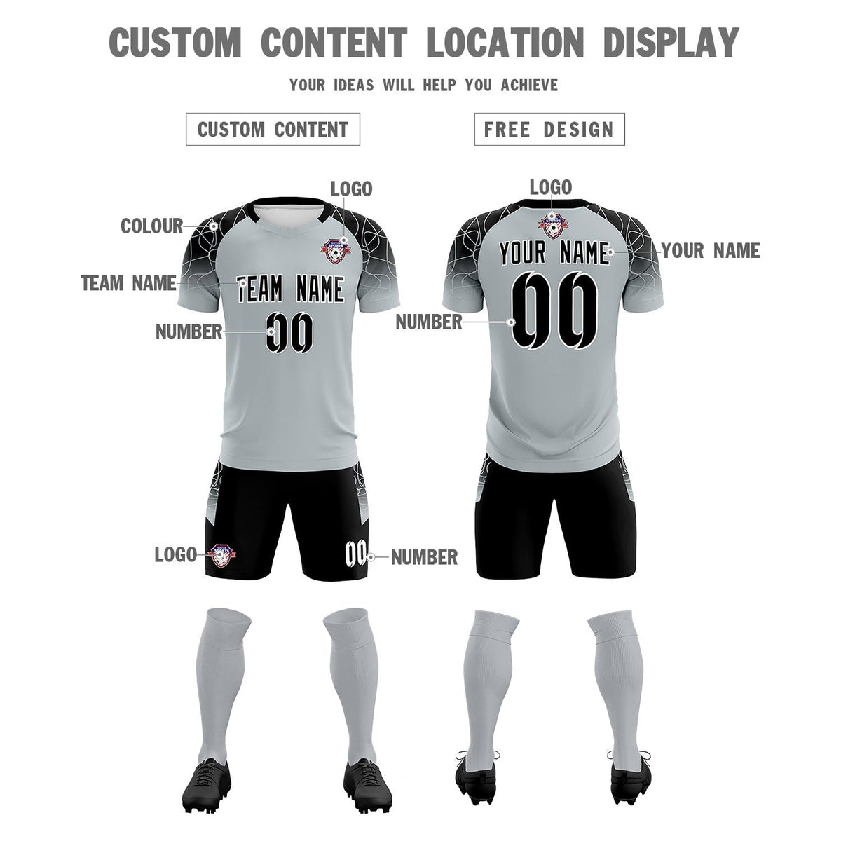 Custom Silver Classic Soccer Training Sets Jersey For Adults/Kids
