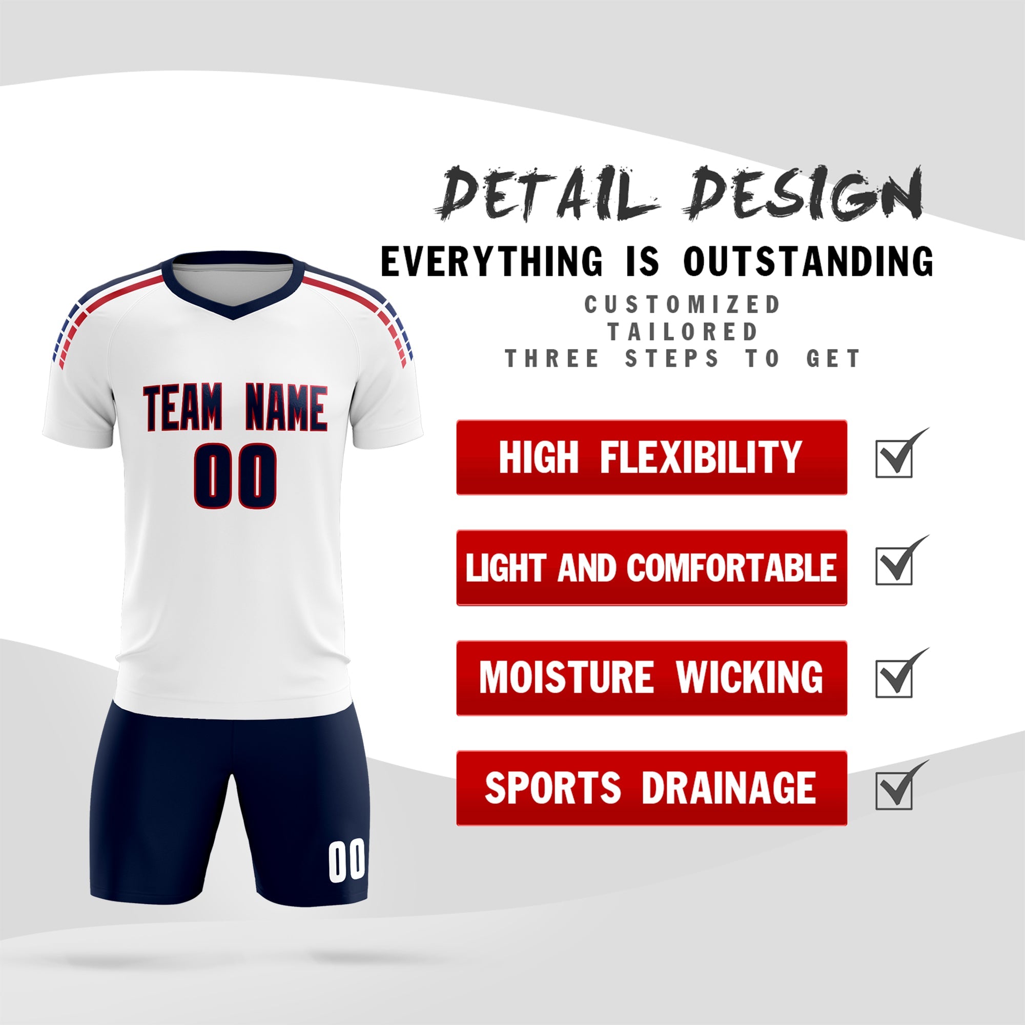 Custom white Striped Quick Dry Tops Soccer Sets Jersey