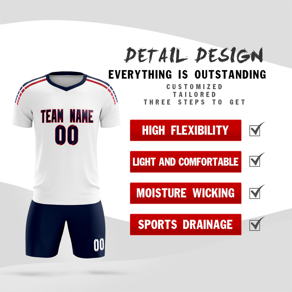 Custom white Striped Quick Dry Tops Soccer Sets Jersey