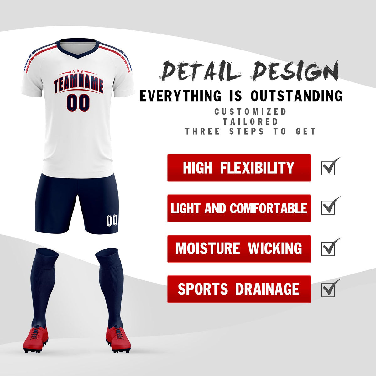 Custom white Striped Quick Dry Tops Soccer Sets Jersey